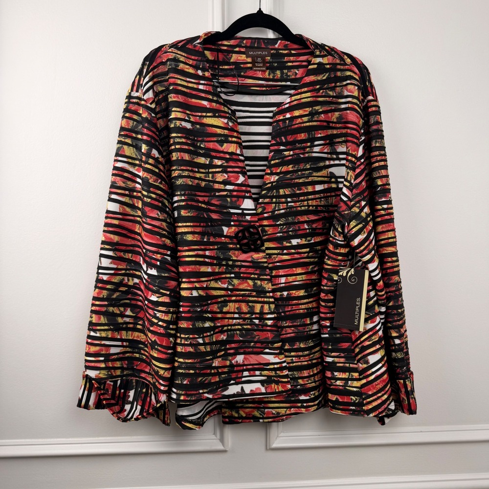 Multiples Womens Opposite Attract Floral Striped Cardigan Jacket Red 2X NWT